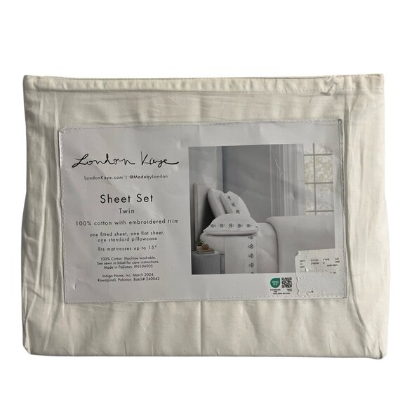 London Kaye Twin Sheet Set Green Mushroom Embroidered White Cotton 70s Retro - Picture 1 of 8